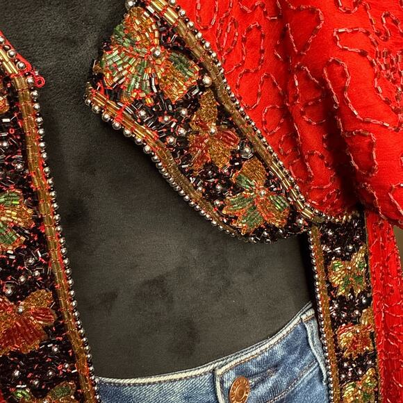 Laurence Kazar Red Beaded Silk Open Front Jacket Cardigan Plus Size 2X - Picture 4 of 13